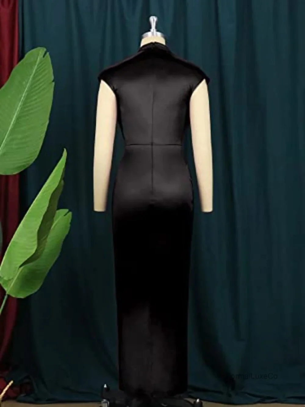 Satin Maxi Formal Dress High Slit Ruched Mock Neck Sleeveless